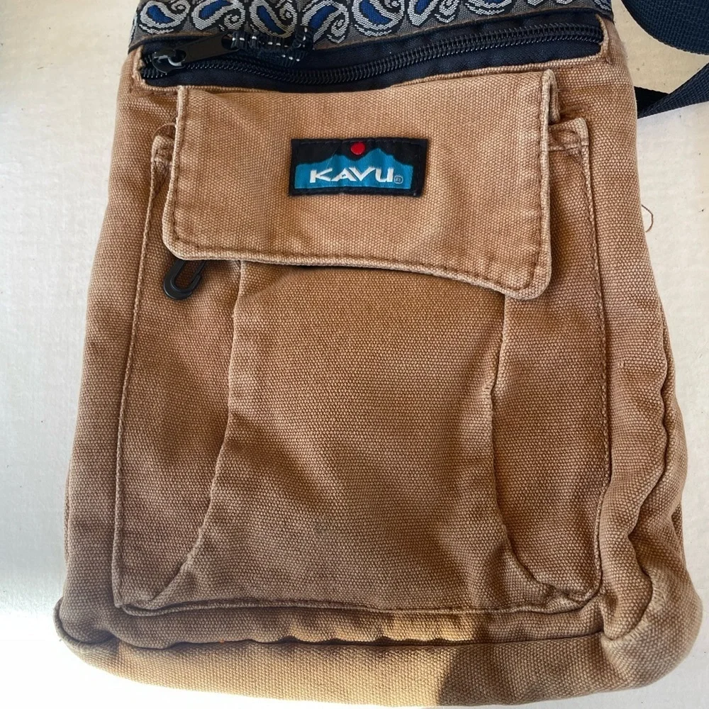 KAVU Tan Crossbody Bag with Patterned Trim